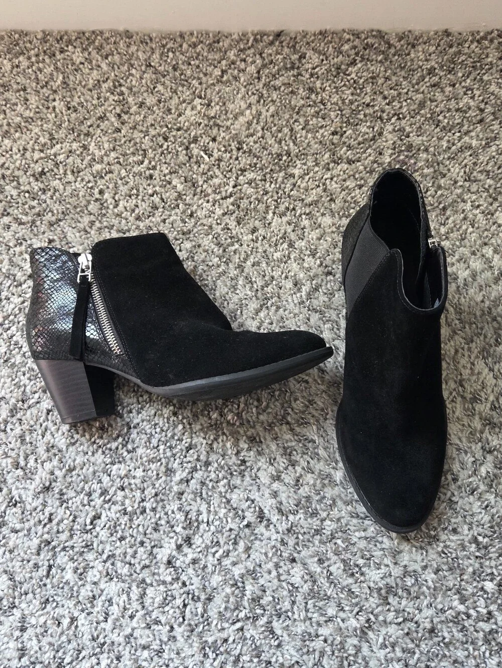 Vionic Anne Black Suede Snakeskin Booties